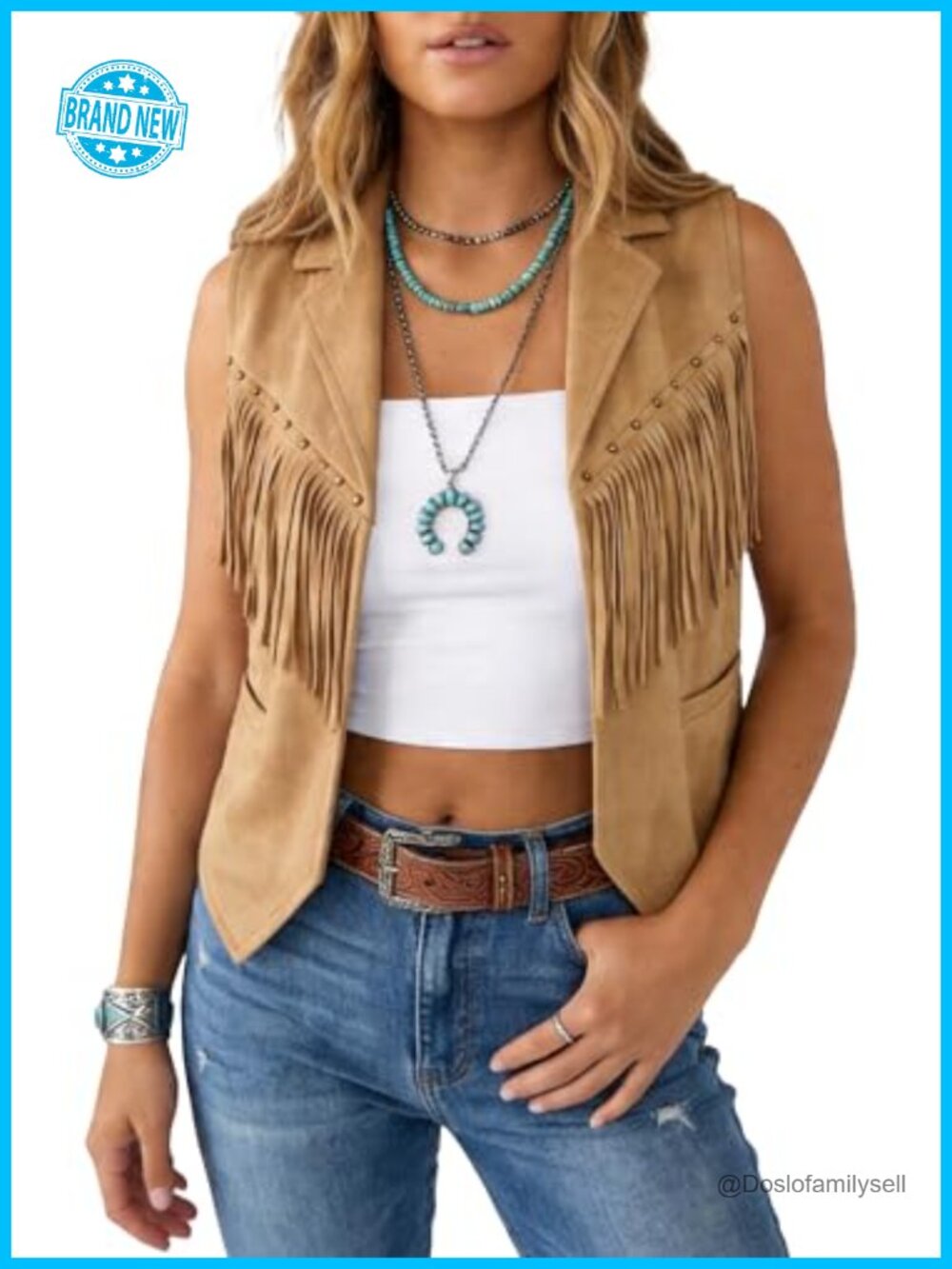 Faux Suede Fringe Vest Studded Tassel Open Front Sleeveless Crop Waistcoat